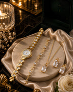 Luxury Ladies Gift Set – Golden Stones Watch, Zircon Locket & Tulip Bracelet with Organizer Box