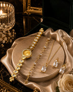Luxury Ladies Gift Set – Golden Stones Watch, Zircon Locket & Tulip Bracelet with Organizer Box