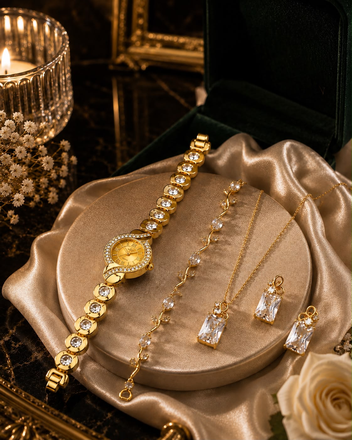 Luxury Ladies Gift Set – Golden Stones Watch, Zircon Locket & Tulip Bracelet with Organizer Box