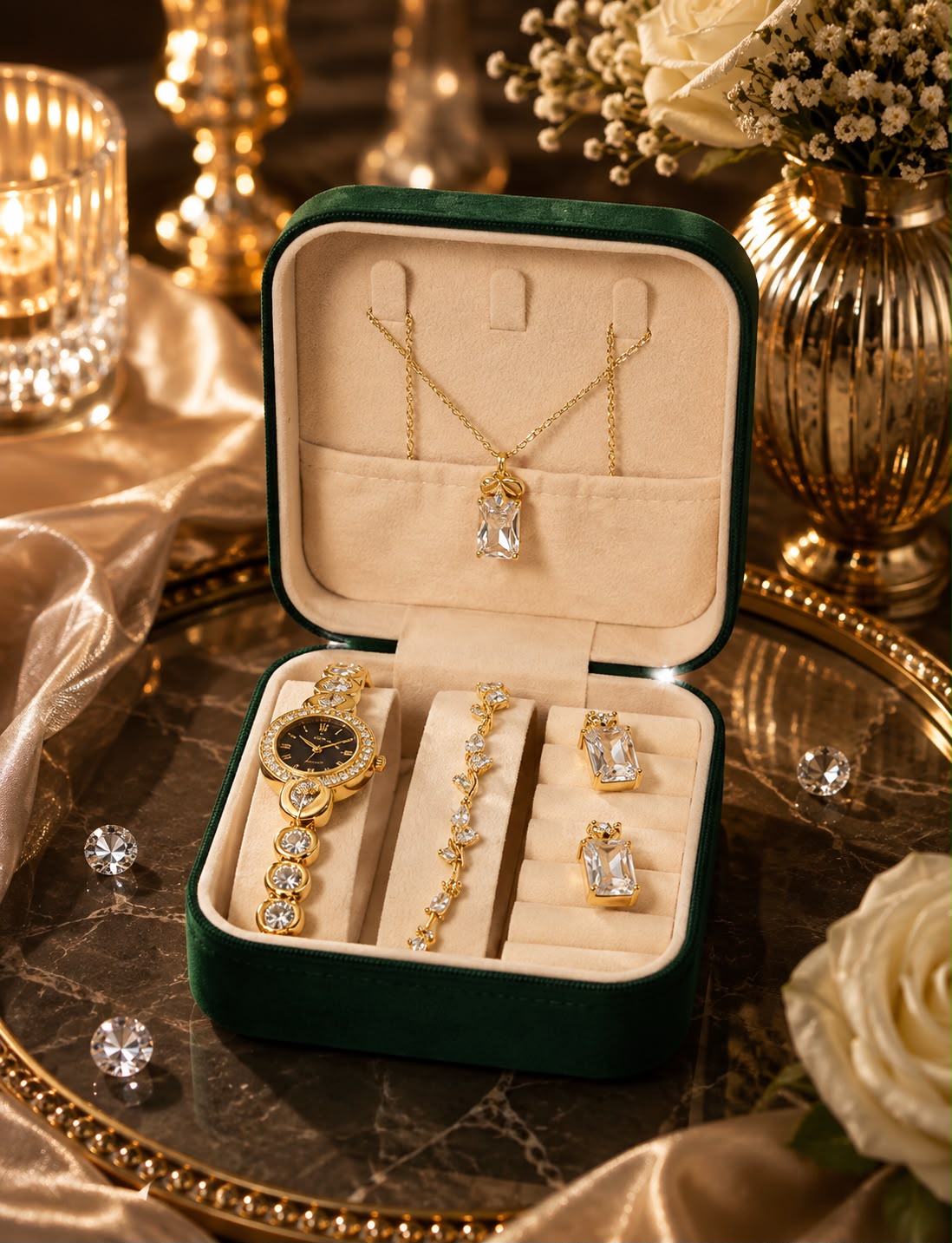 Luxury Ladies Gift Set – Golden Stones Watch, Zircon Locket & Tulip Bracelet with Organizer Box