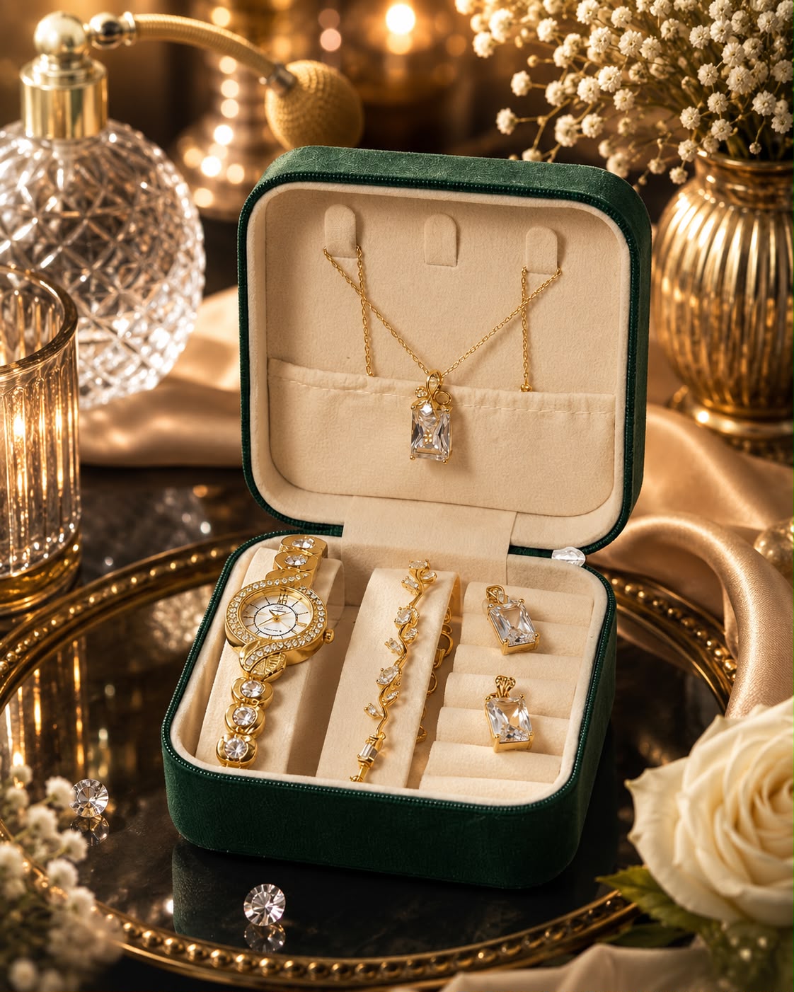 Luxury Ladies Gift Set – Golden Stones Watch, Zircon Locket & Tulip Bracelet with Organizer Box
