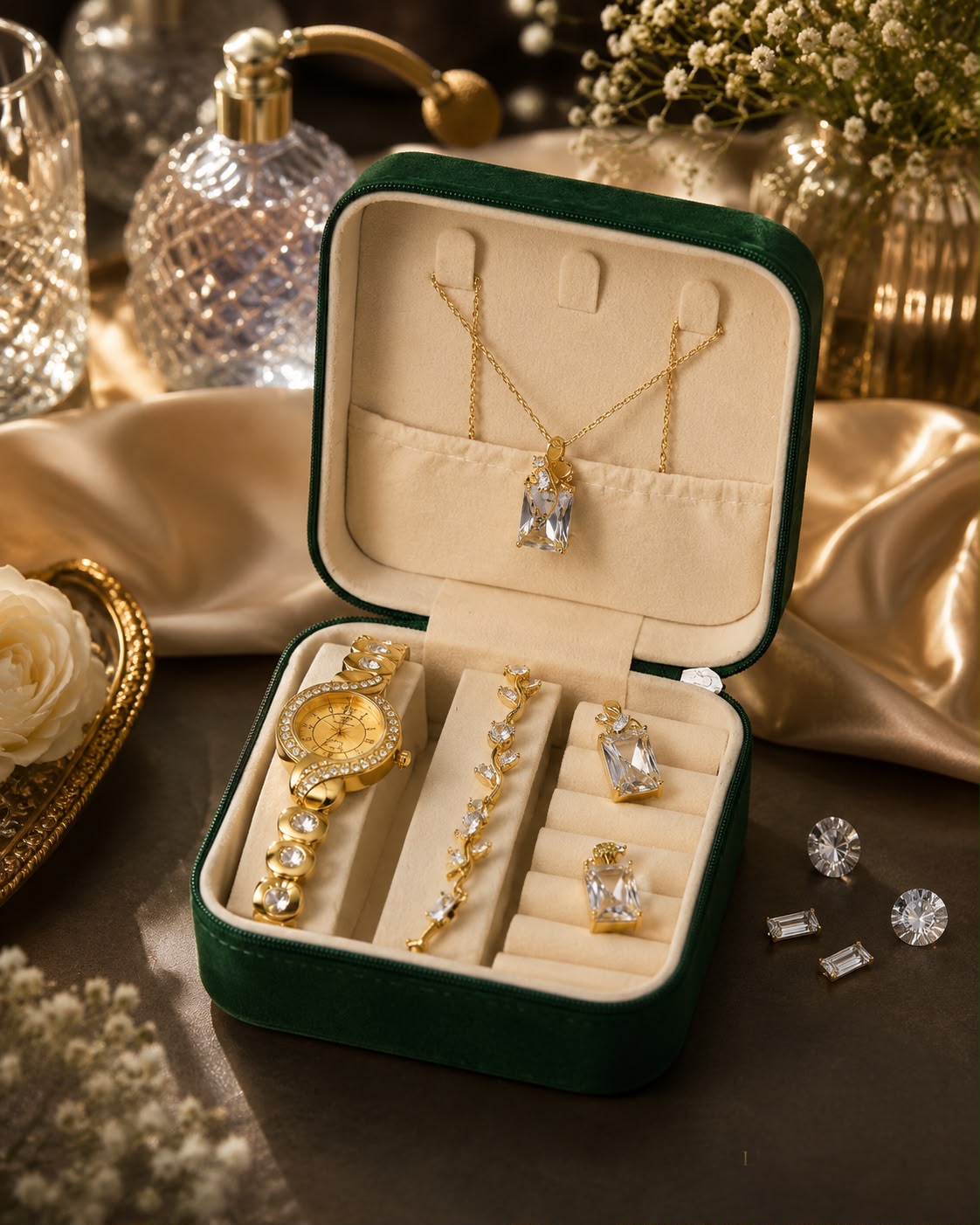 Luxury Ladies Gift Set – Golden Stones Watch, Zircon Locket & Tulip Bracelet with Organizer Box
