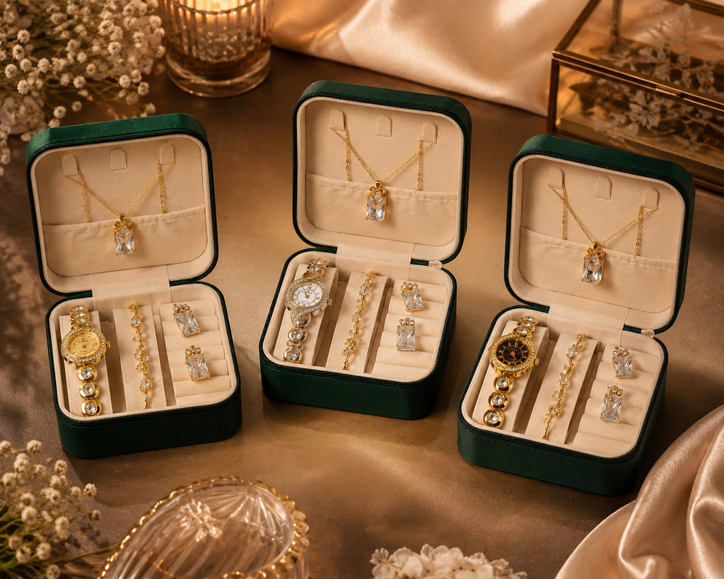 Luxury Ladies Gift Set – Golden Stones Watch, Zircon Locket & Tulip Bracelet with Organizer Box