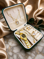 Luxury Ladies Gift Set – Golden Stones Watch, Zircon Locket & Tulip Bracelet with Organizer Box