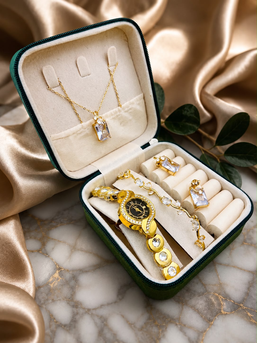 Luxury Ladies Gift Set – Golden Stones Watch, Zircon Locket & Tulip Bracelet with Organizer Box
