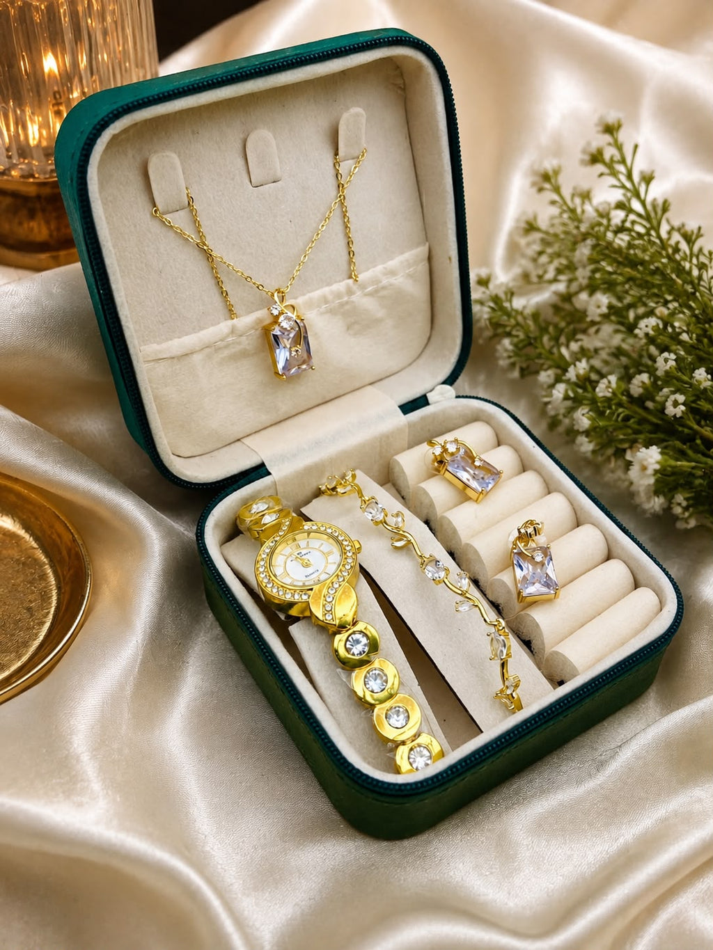 Luxury Ladies Gift Set – Golden Stones Watch, Zircon Locket & Tulip Bracelet with Organizer Box