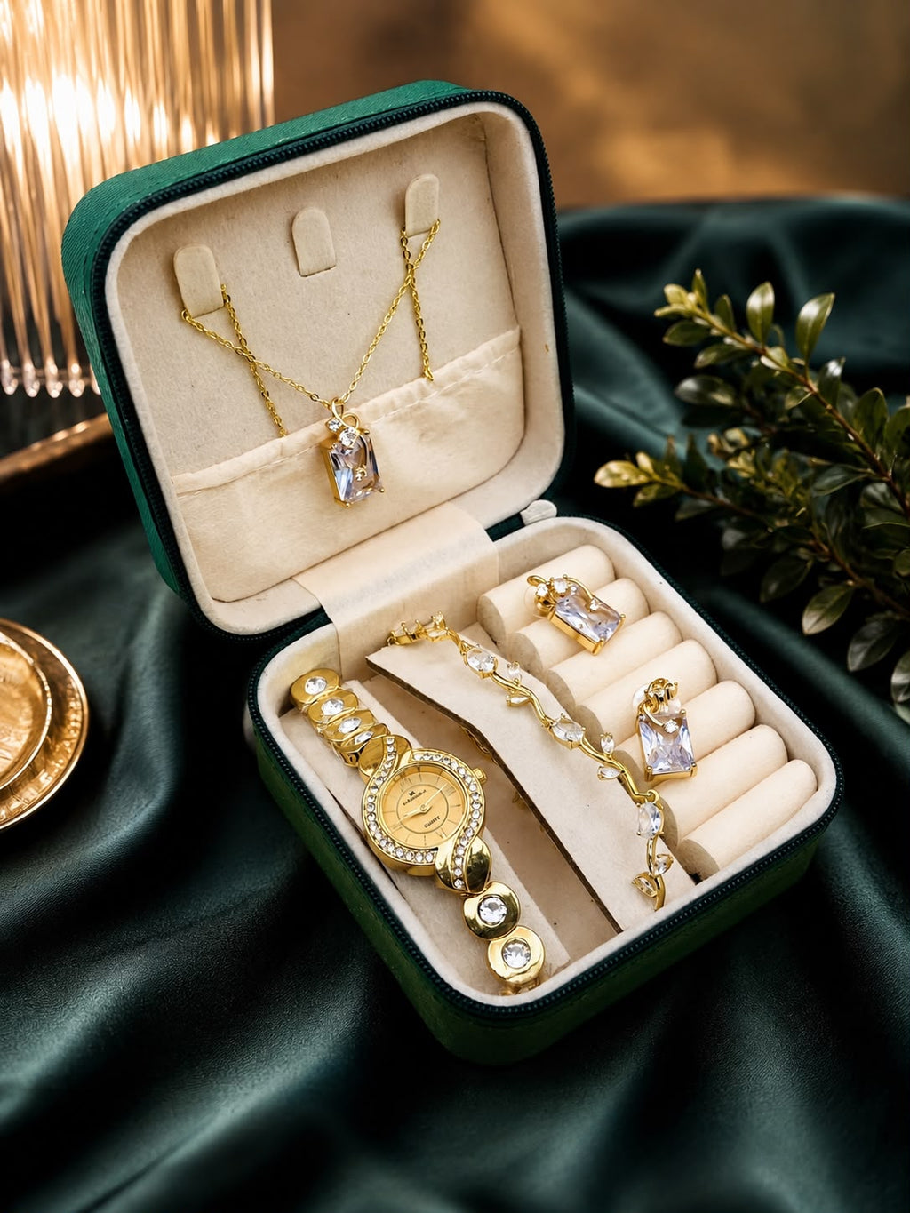 Luxury Ladies Gift Set – Golden Stones Watch, Zircon Locket & Tulip Bracelet with Organizer Box