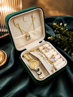 Luxury Ladies Gift Set – Golden Stones Watch, Zircon Locket & Tulip Bracelet with Organizer Box