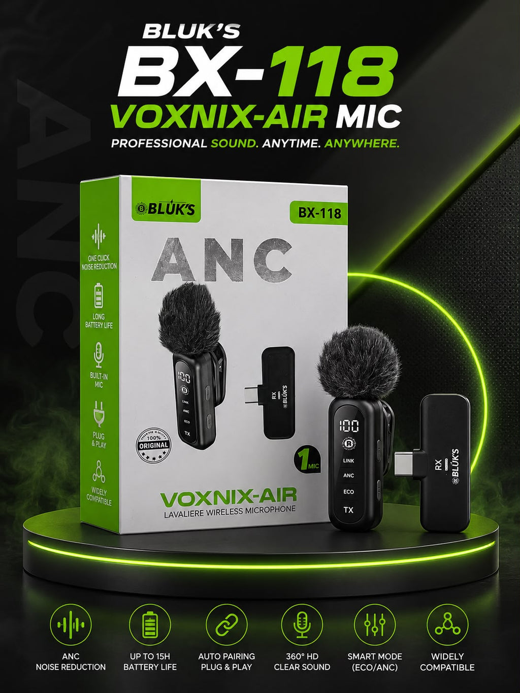 BLUK'S BX-118 | VOXNIX-AIR Collar Wireless ANC Mic (Type-C / Jack Available)