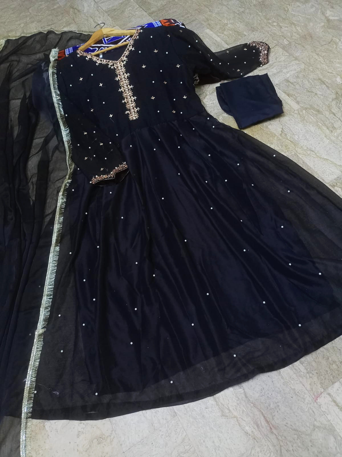 Ready to Wear Embroidered with Pearls Attached Long Maxi with Lace Work Chiffon Dupatta 3-Piece Set