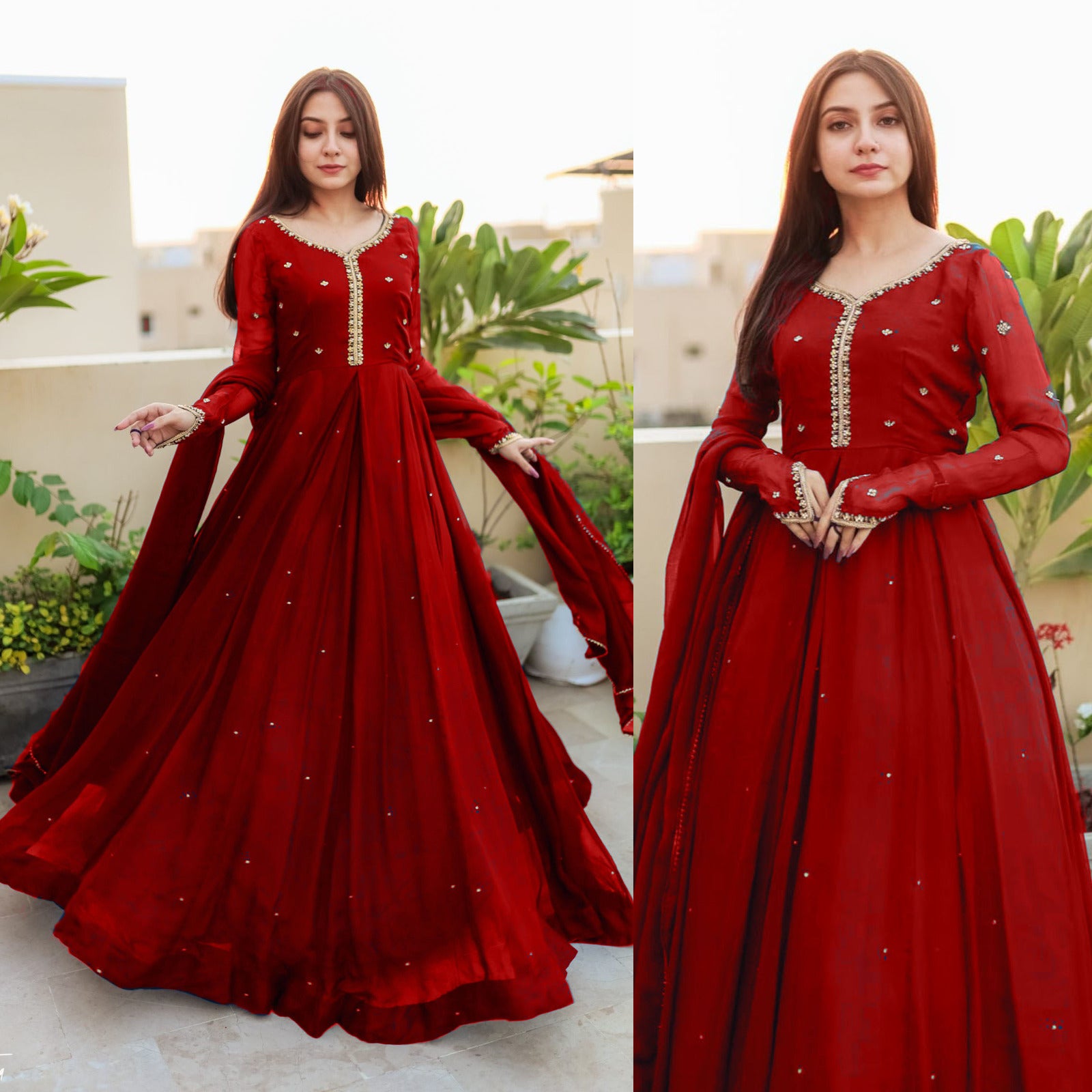 Ready to Wear Embroidered with Pearls Attached Long Maxi with Lace Work Chiffon Dupatta 3-Piece Set