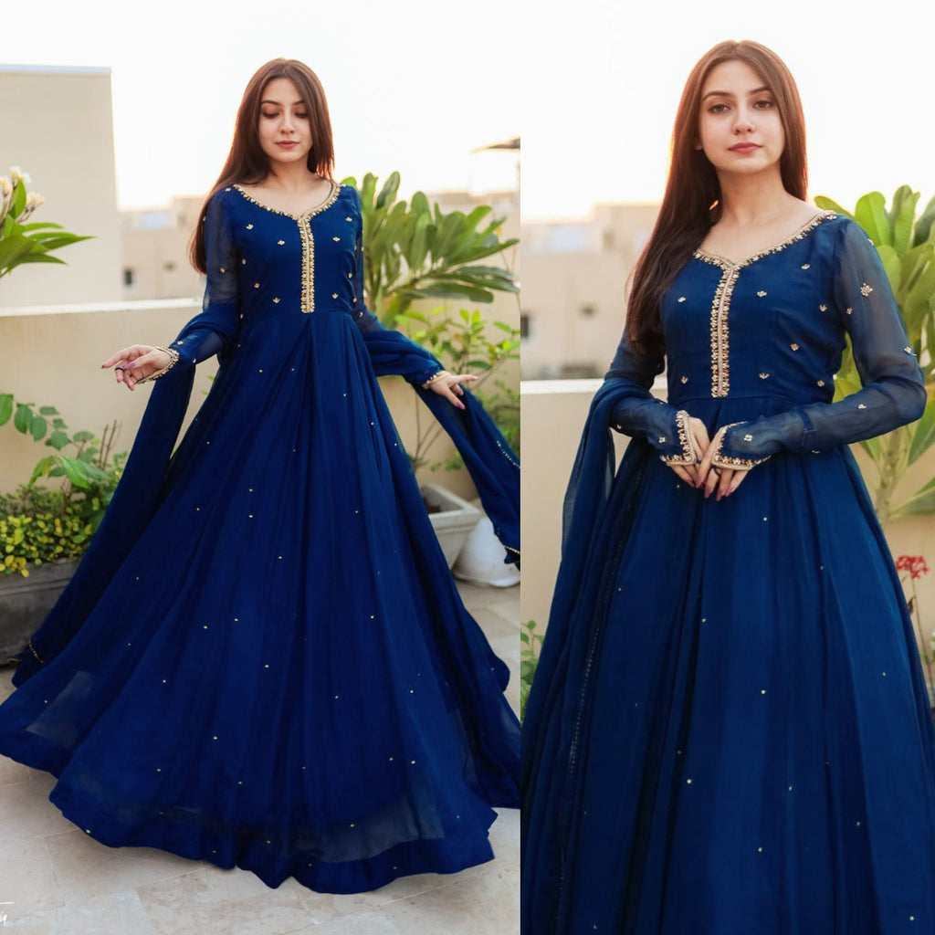 Ready to Wear Embroidered with Pearls Attached Long Maxi with Lace Work Chiffon Dupatta 3-Piece Set