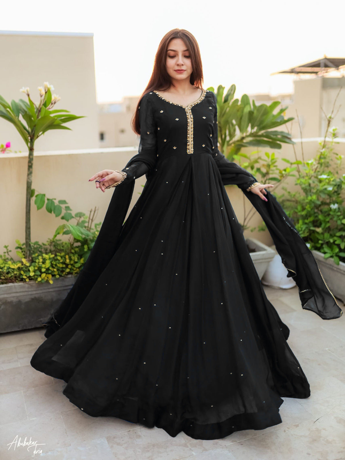 Ready to Wear Embroidered with Pearls Attached Long Maxi with Lace Work Chiffon Dupatta 3-Piece Set