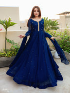 Ready to Wear Embroidered with Pearls Attached Long Maxi with Lace Work Chiffon Dupatta 3-Piece Set