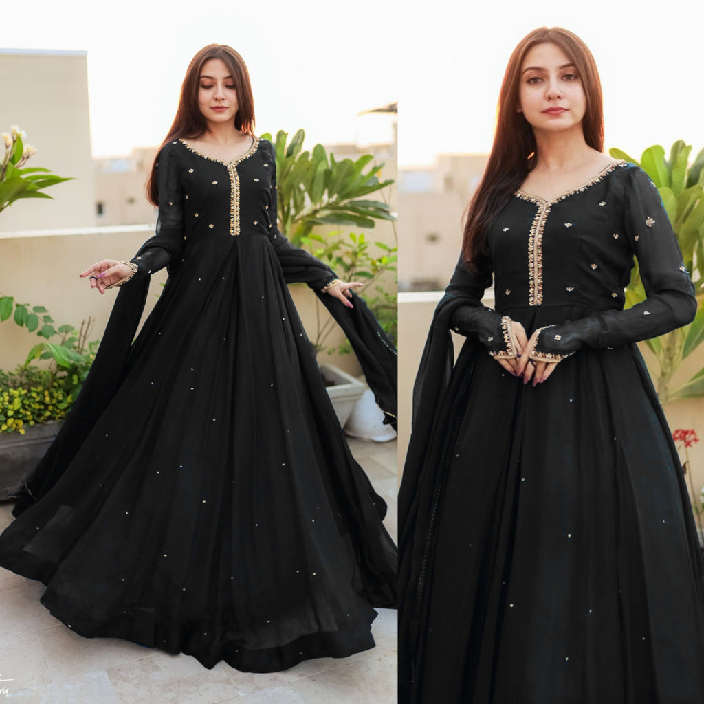 Ready to Wear Embroidered with Pearls Attached Long Maxi with Lace Work Chiffon Dupatta 3-Piece Set