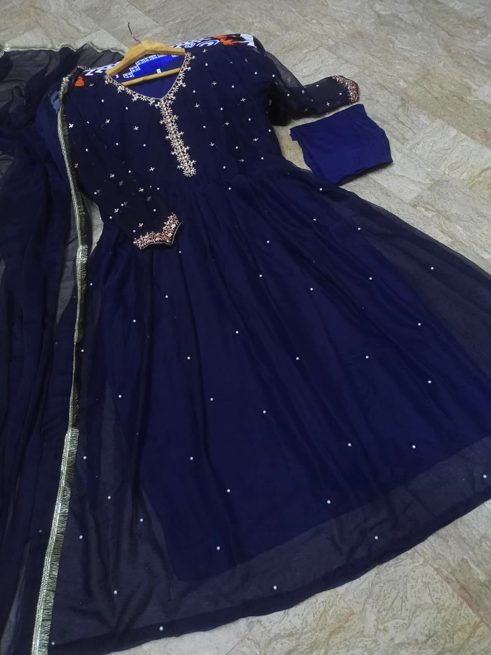 Ready to Wear Embroidered with Pearls Attached Long Maxi with Lace Work Chiffon Dupatta 3-Piece Set