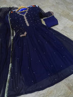 Ready to Wear Embroidered with Pearls Attached Long Maxi with Lace Work Chiffon Dupatta 3-Piece Set