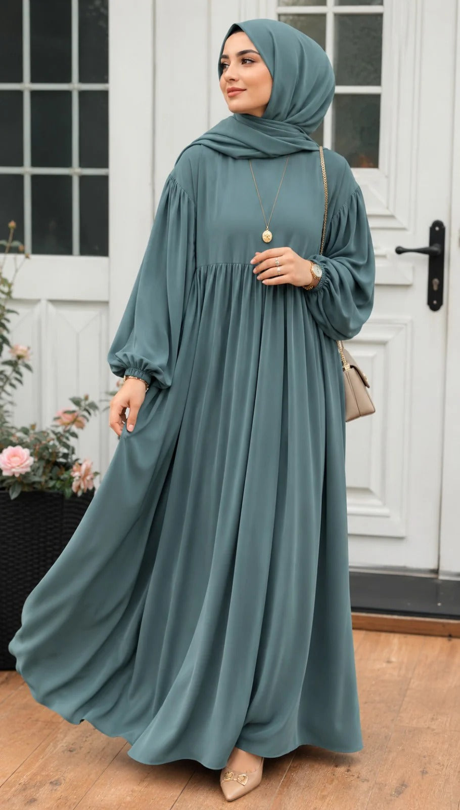 Evy Mist Premium Wool Peach Abaya with Matching Stoller | 2-Piece Modest Wear Set