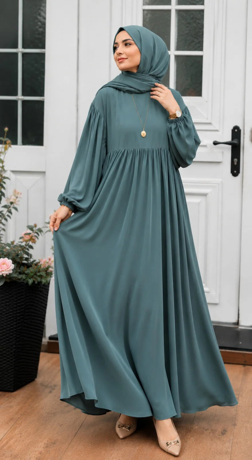 Evy Mist Premium Wool Peach Abaya with Matching Stoller | 2-Piece Modest Wear Set