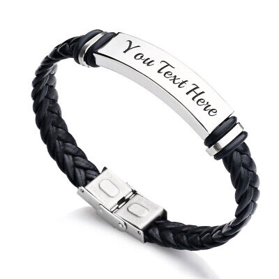 Personalized Braided Leather Bracelet with Engraved Stainless Steel – Classic Unisex Wristband