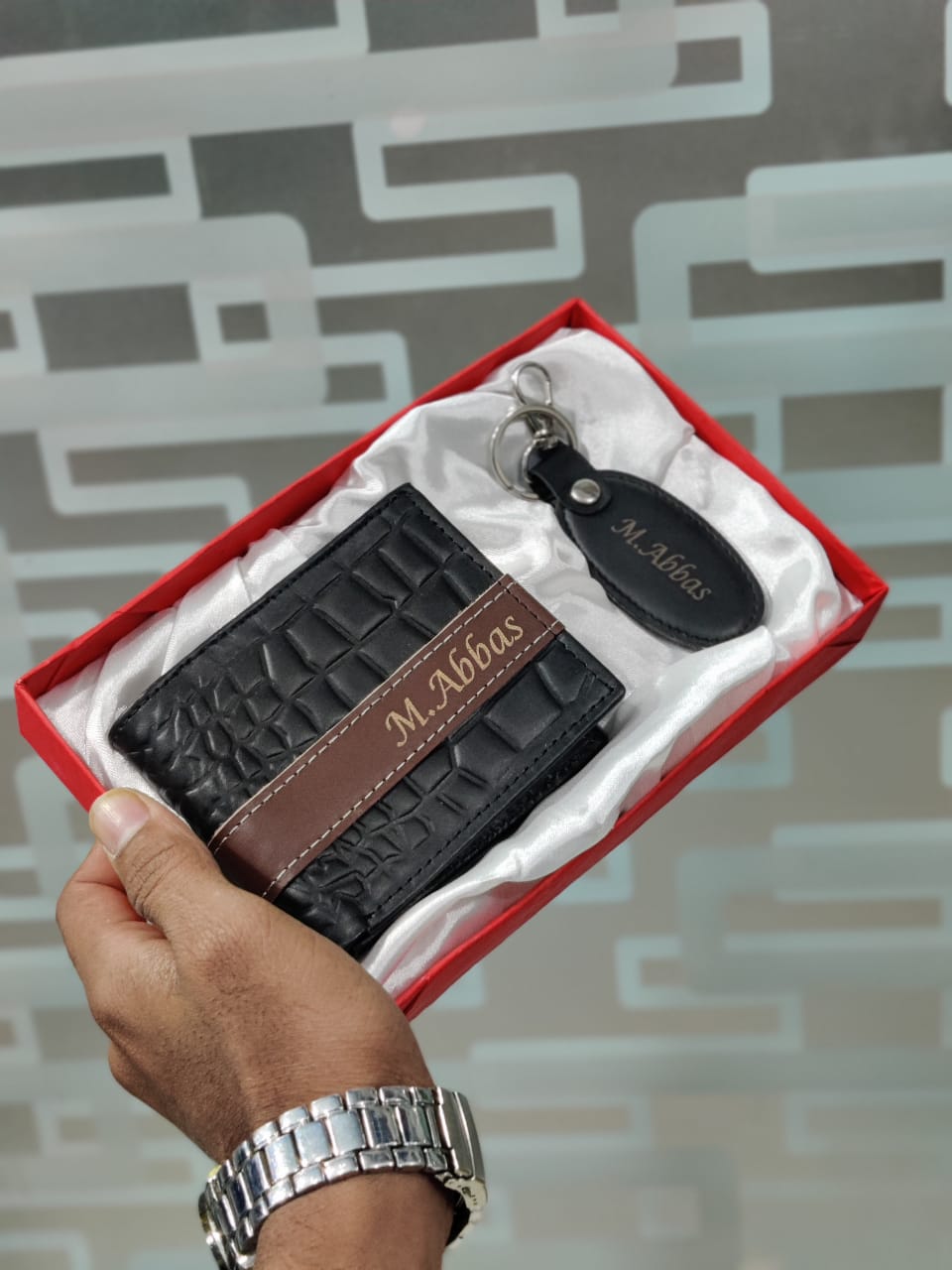 Personalized Crocodile Texture Wallet & Keychain Gift Set – Custom Engraved with Box