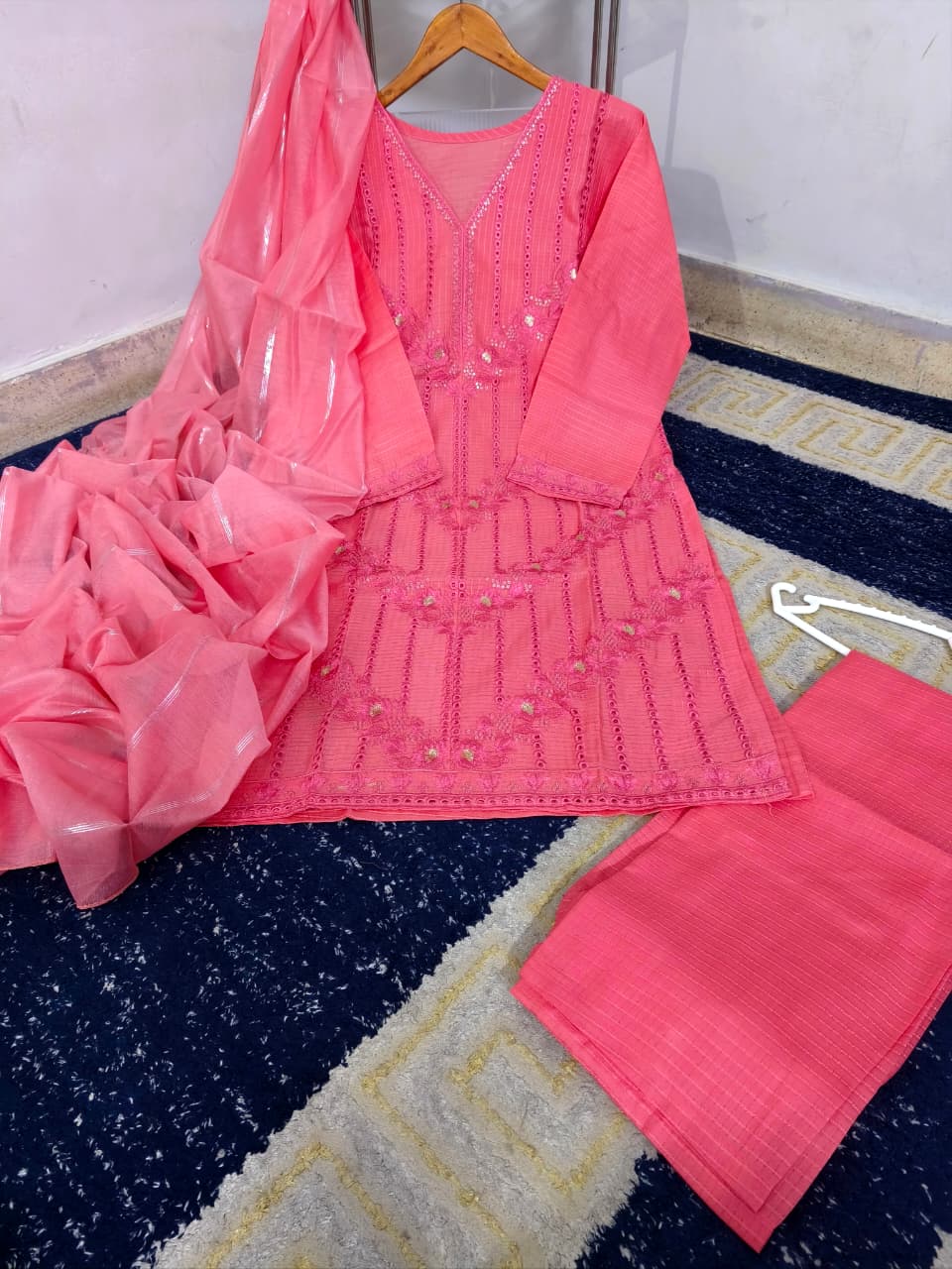 Ready to Wear Heavy Embroidered Thread & Chickankari PV Cotton 3-Piece Suit with Monar Dupatta
