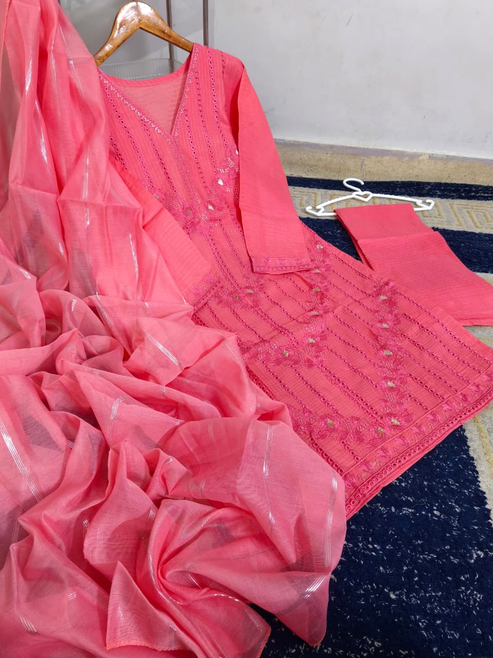 Ready to Wear Heavy Embroidered Thread & Chickankari PV Cotton 3-Piece Suit with Monar Dupatta