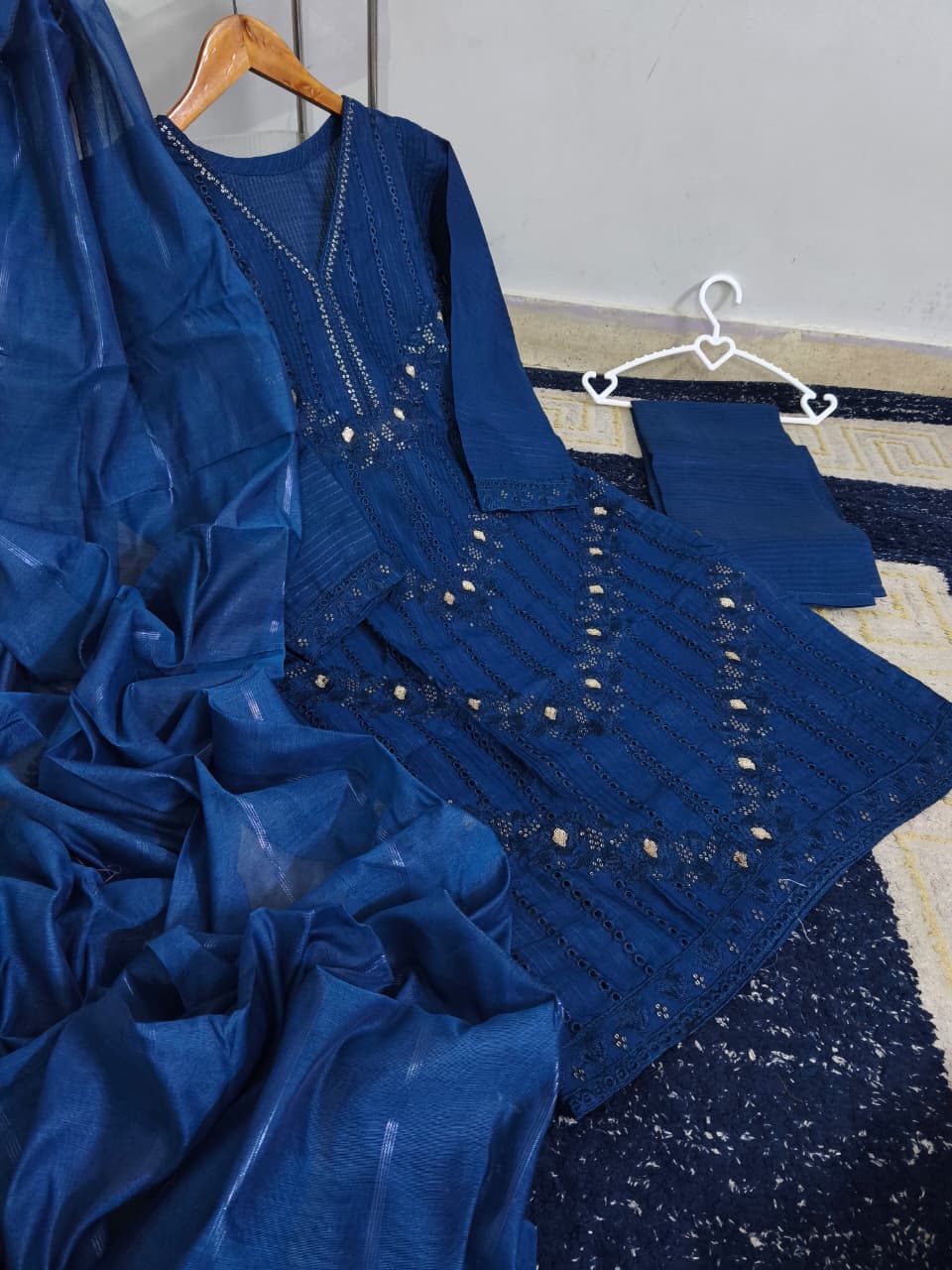 Ready to Wear Heavy Embroidered Thread & Chickankari PV Cotton 3-Piece Suit with Monar Dupatta