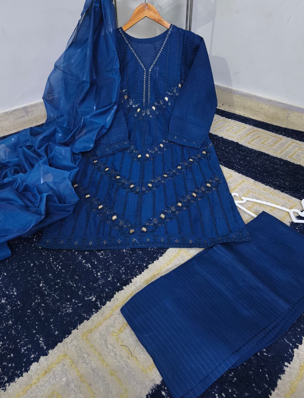 Ready to Wear Heavy Embroidered Thread & Chickankari PV Cotton 3-Piece Suit with Monar Dupatta