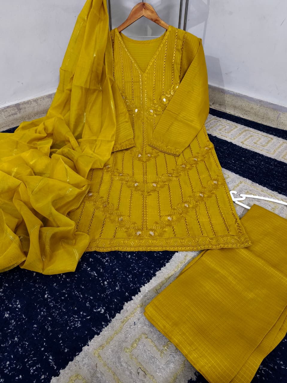 Ready to Wear Heavy Embroidered Thread & Chickankari PV Cotton 3-Piece Suit with Monar Dupatta