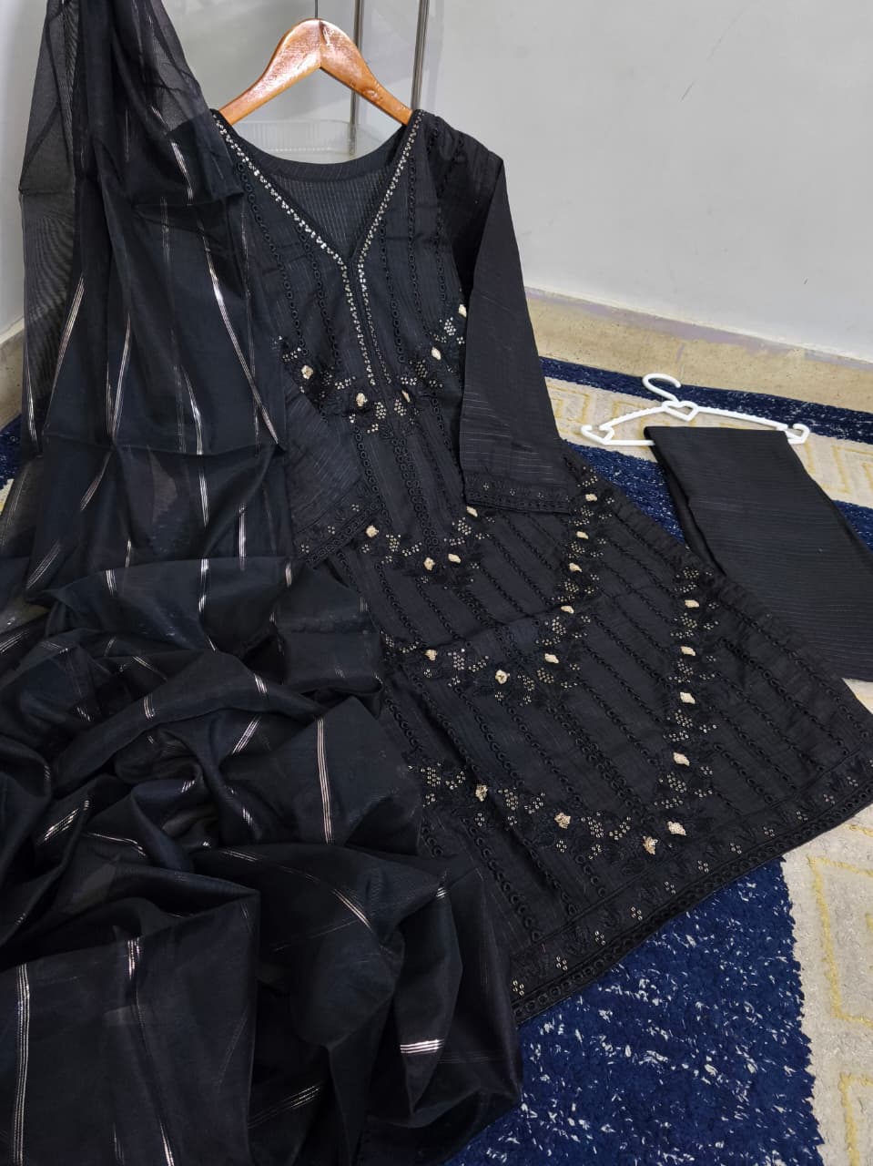 Ready to Wear Heavy Embroidered Thread & Chickankari PV Cotton 3-Piece Suit with Monar Dupatta