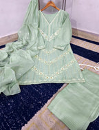 Ready to Wear Heavy Embroidered Thread & Chickankari PV Cotton 3-Piece Suit with Monar Dupatta