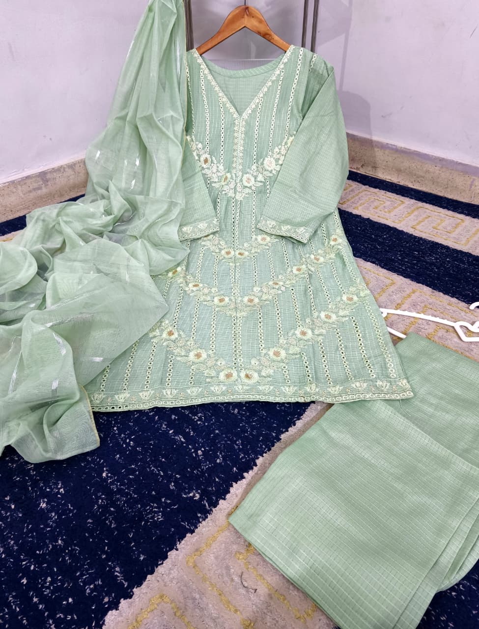 Ready to Wear Heavy Embroidered Thread & Chickankari PV Cotton 3-Piece Suit with Monar Dupatta