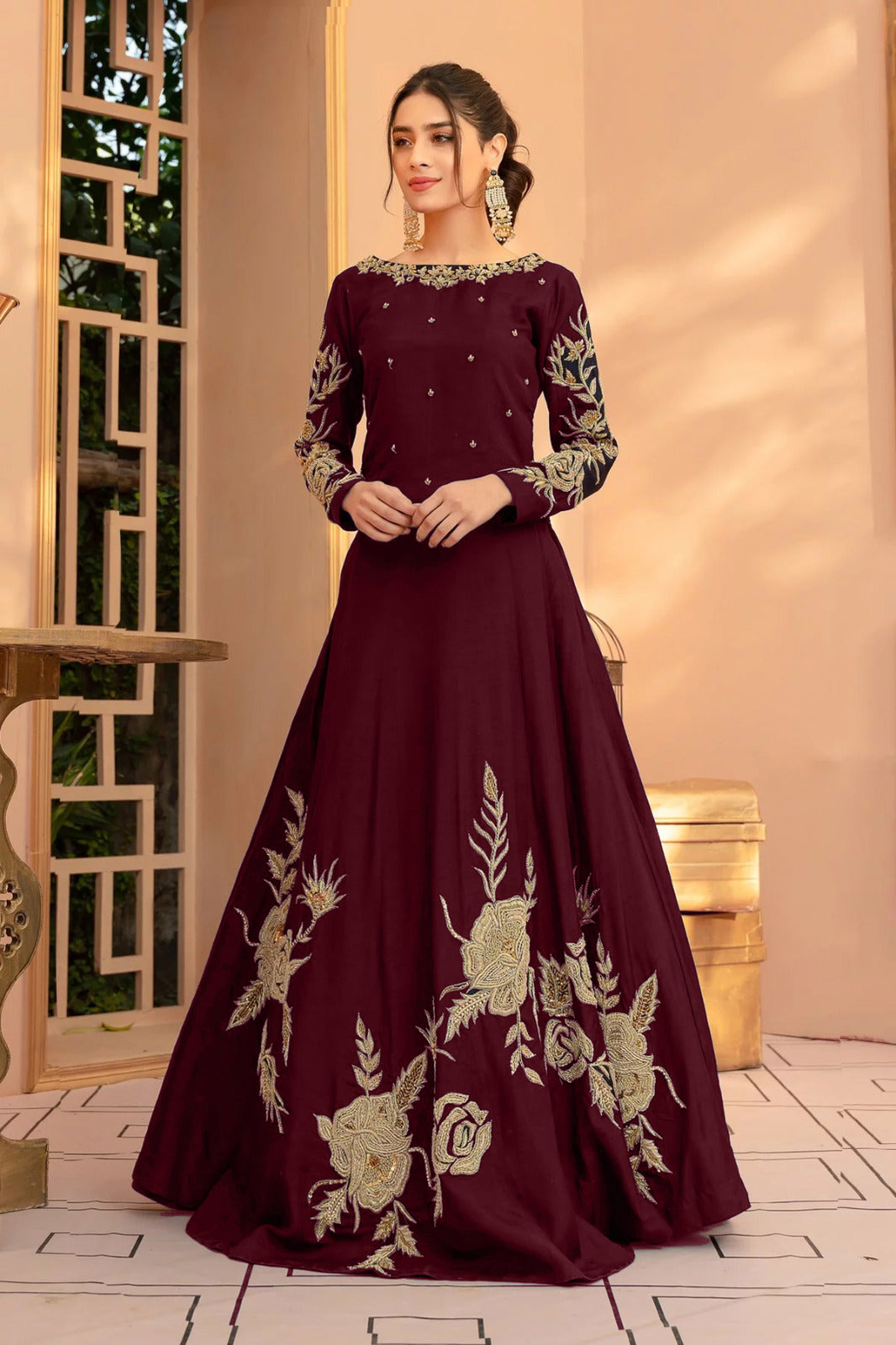 Heavy Embroidered Shamoz Silk Maxi with 100" Flair – All Colors Available