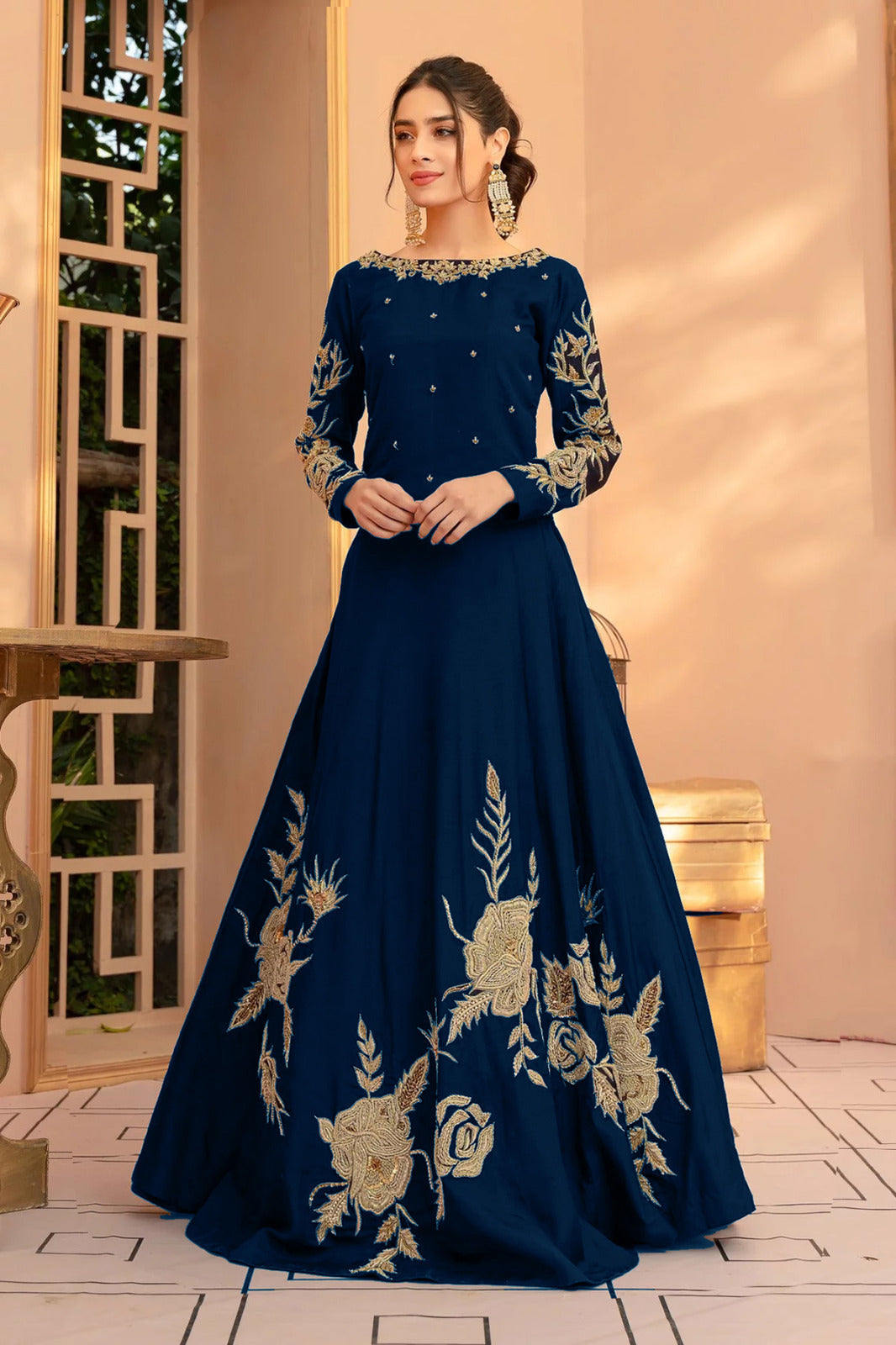 Heavy Embroidered Shamoz Silk Maxi with 100" Flair – All Colors Available