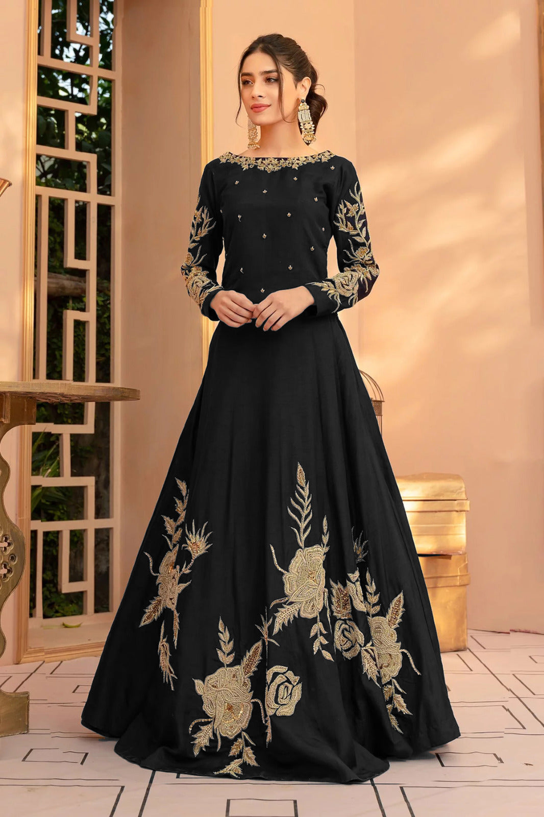Heavy Embroidered Shamoz Silk Maxi with 100" Flair – All Colors Available