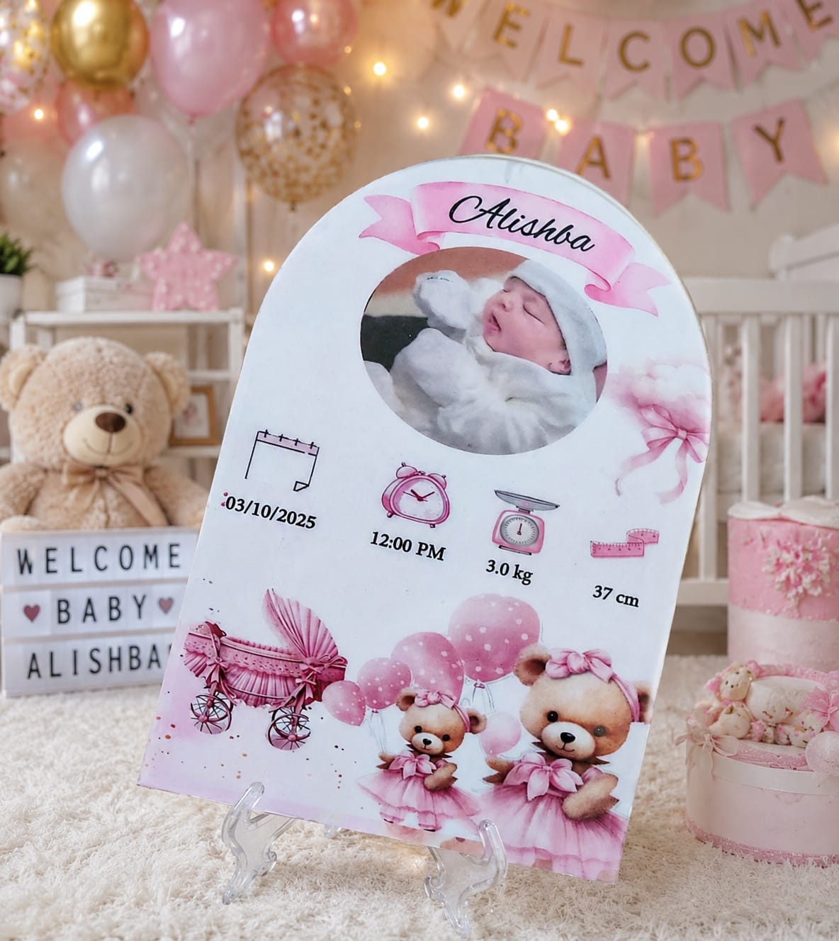 Customized Baby Birth Resin Frame with Stand & Gift Box – 12x9 Inches