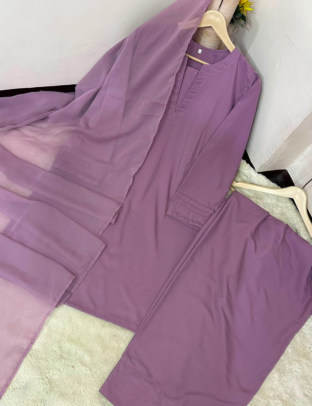 Ready to Wear Trending 3-Piece Plain Georgette Farshi Shalwar Suit with Chiffon Dupatta