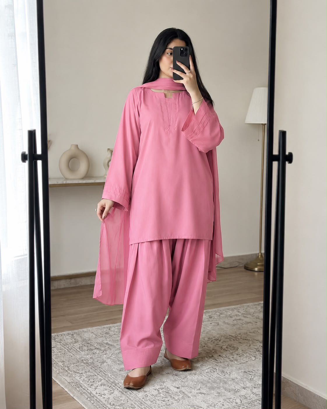 Ready to Wear Trending 3-Piece Plain Georgette Farshi Shalwar Suit with Chiffon Dupatta