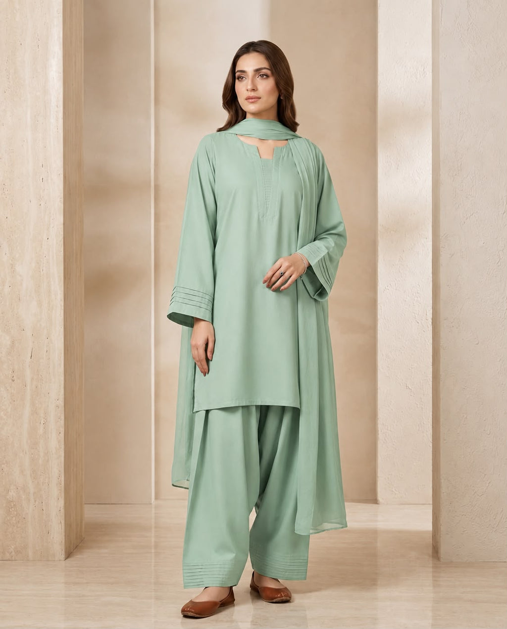 Ready to Wear Trending 3-Piece Plain Georgette Farshi Shalwar Suit with Chiffon Dupatta