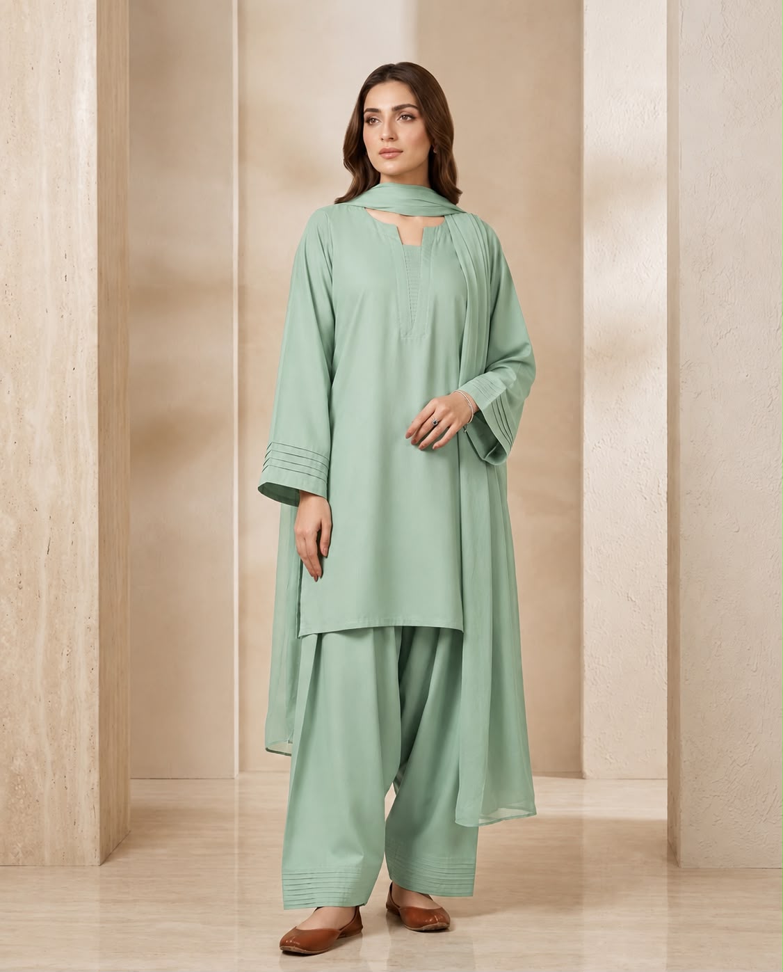 Ready to Wear Trending 3-Piece Plain Georgette Farshi Shalwar Suit with Chiffon Dupatta