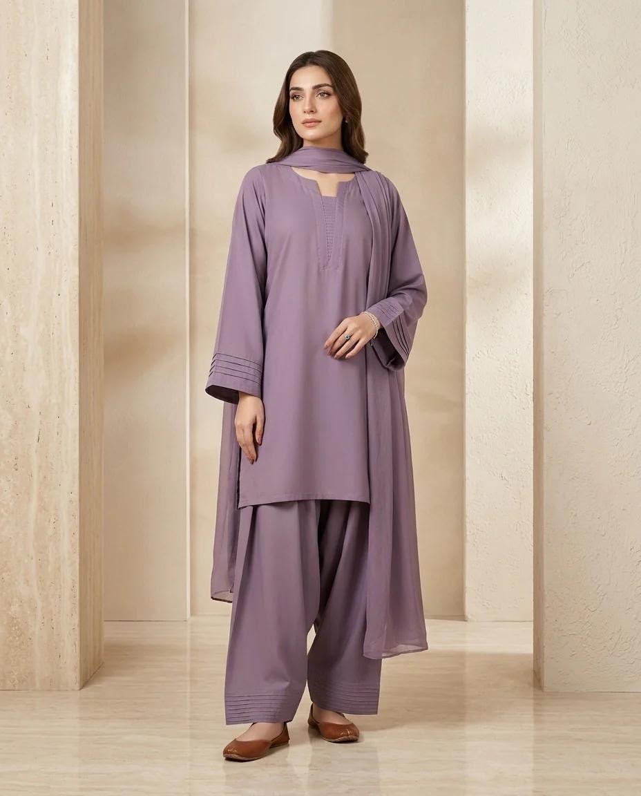Ready to Wear Trending 3-Piece Plain Georgette Farshi Shalwar Suit with Chiffon Dupatta