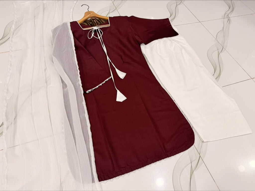 Ready to Wear Pure Cotton Dori Latkan 3-Piece Farshi Shalwar Suit with Chiffon Dupatta