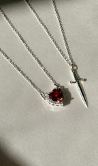 Red Zircon Heart Sword Pendant Couple Necklace Titanium Steel
