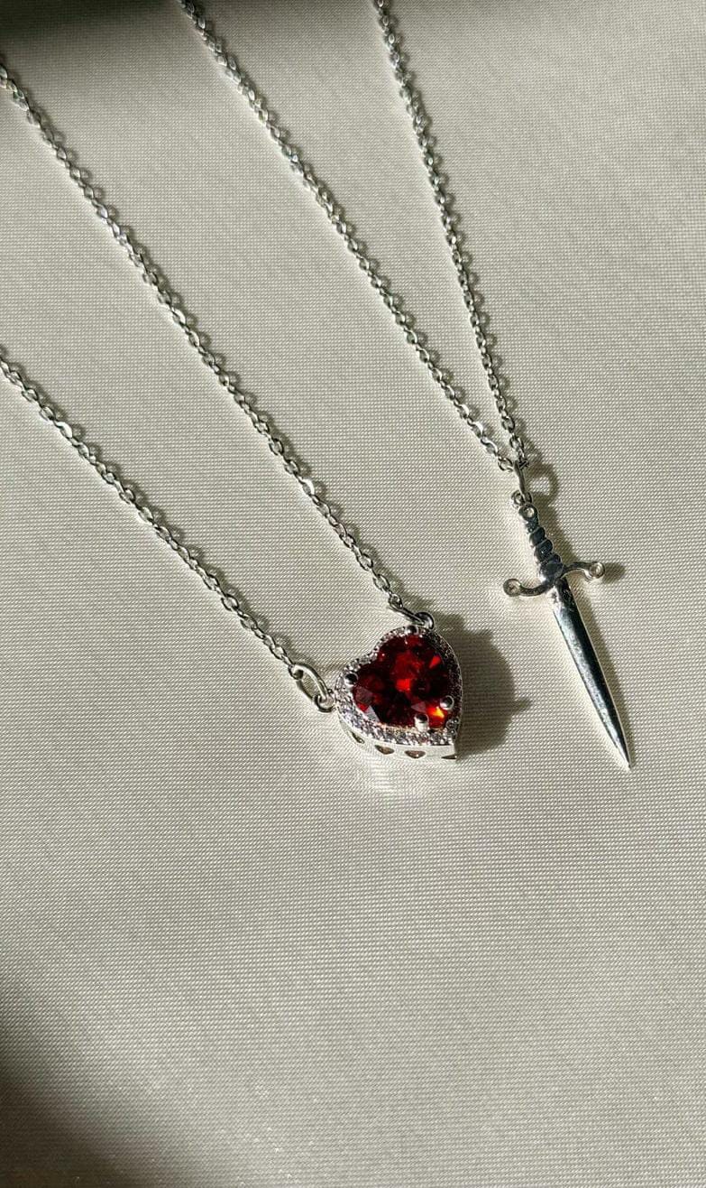 Red Zircon Heart Sword Pendant Couple Necklace Titanium Steel