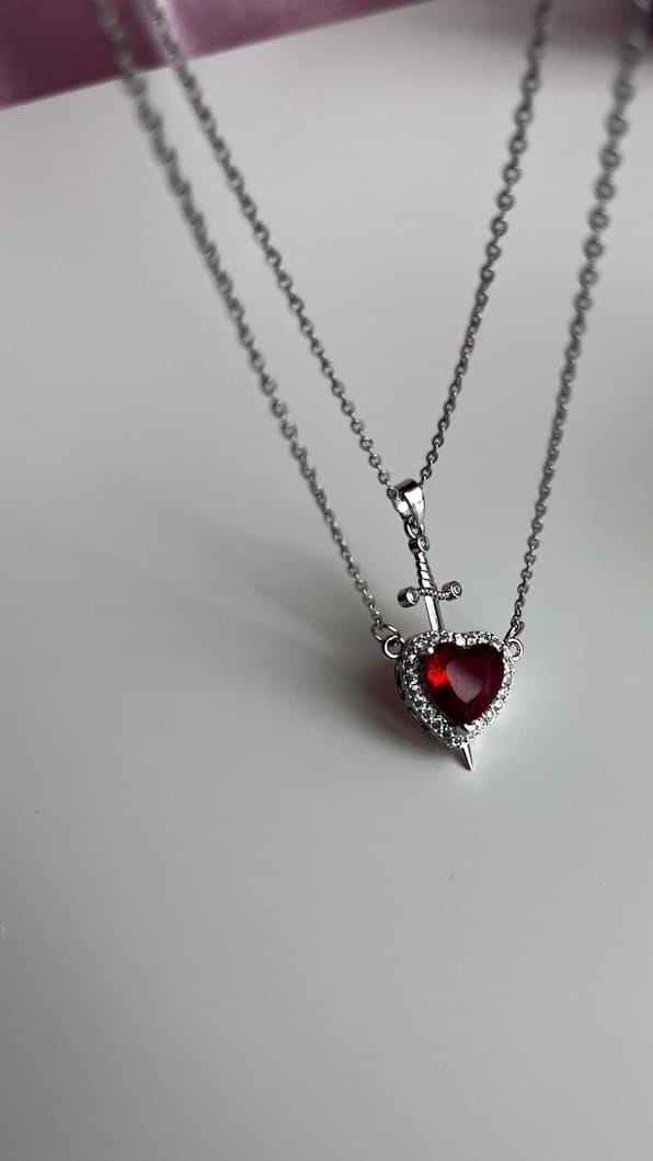 Red Zircon Heart Sword Pendant Couple Necklace Titanium Steel