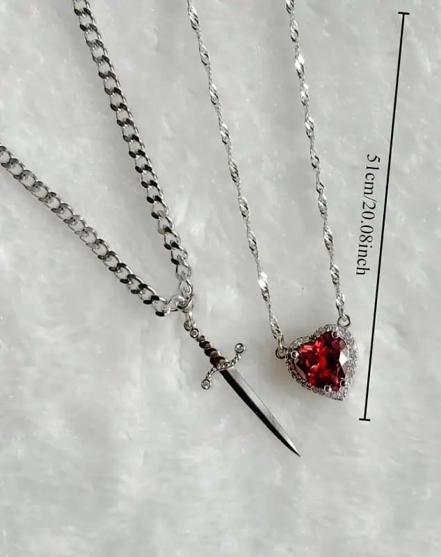 Red Zircon Heart Sword Pendant Couple Necklace Titanium Steel