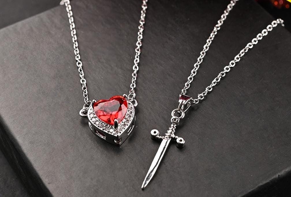 Red Zircon Heart Sword Pendant Couple Necklace Titanium Steel