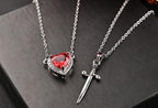 Red Zircon Heart Sword Pendant Couple Necklace Titanium Steel