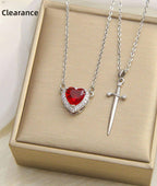 Red Zircon Heart Sword Pendant Couple Necklace Titanium Steel